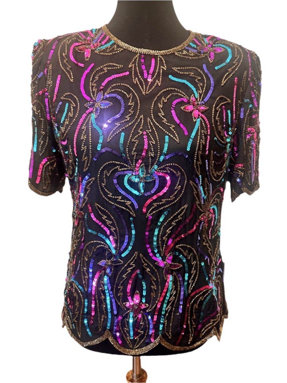 Scala 100% Silk Vintage Petite M Black Sequin Embellished Short Sleeve Top